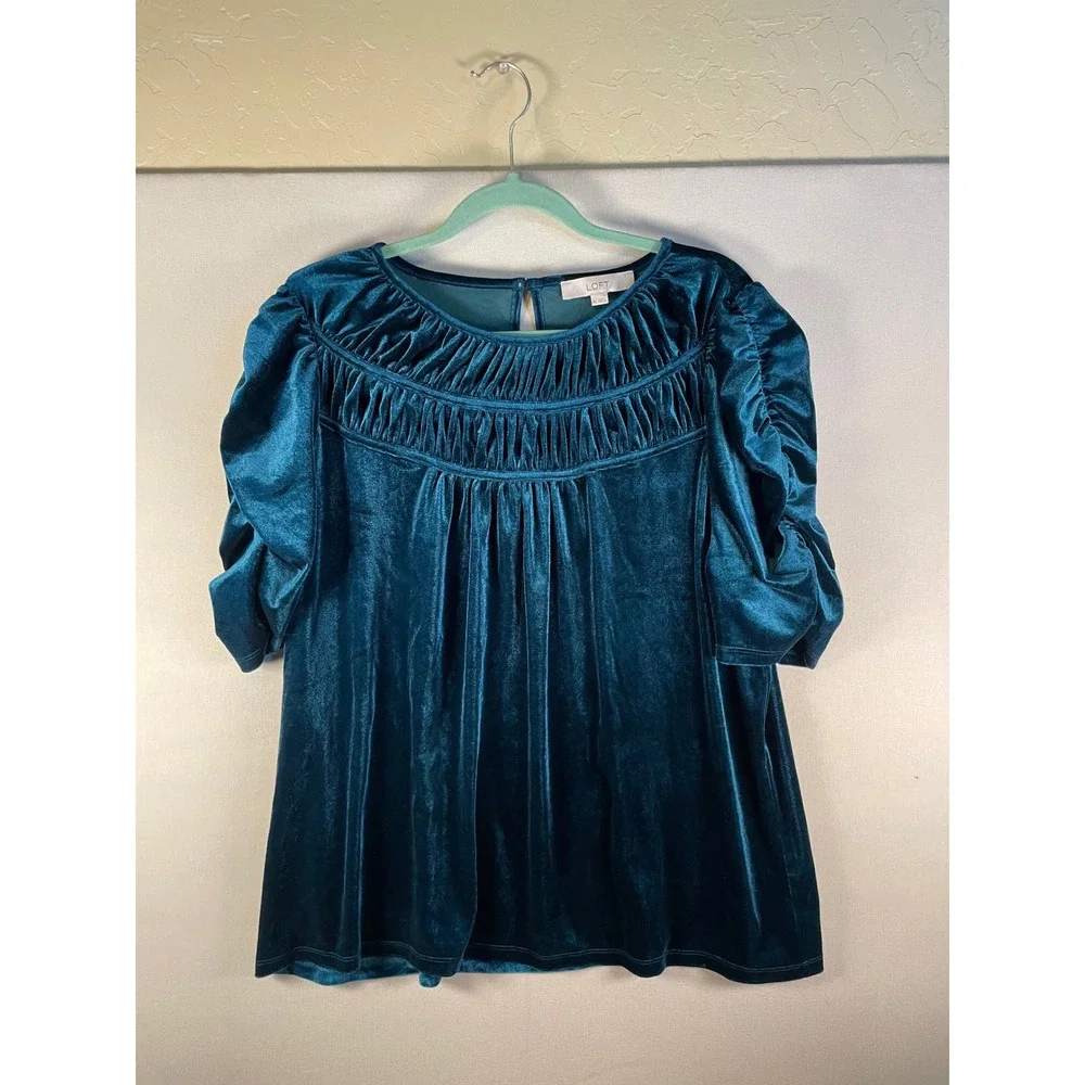 LOFT Teal Velvet Pleated Bib Puff Sleeve Top XL Blue Holiday Evening Blouse